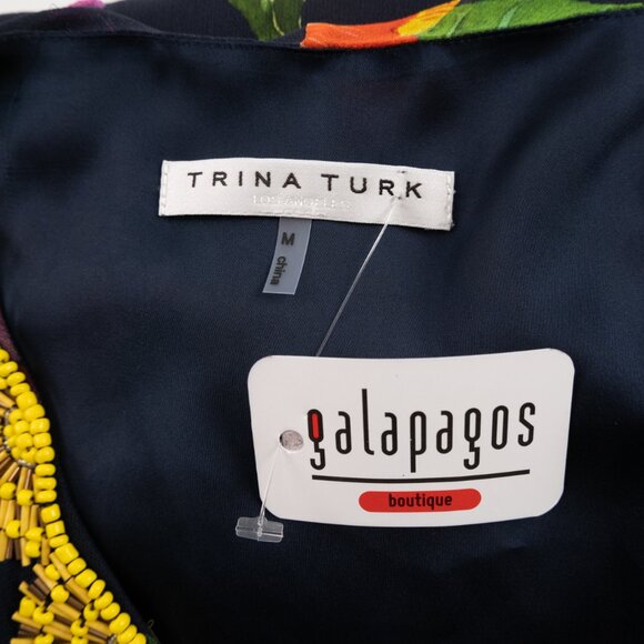 NEW TRINA TURK Navy Silk Floral Print Beaded Caftan Dress size M - Picture 10 of 11
